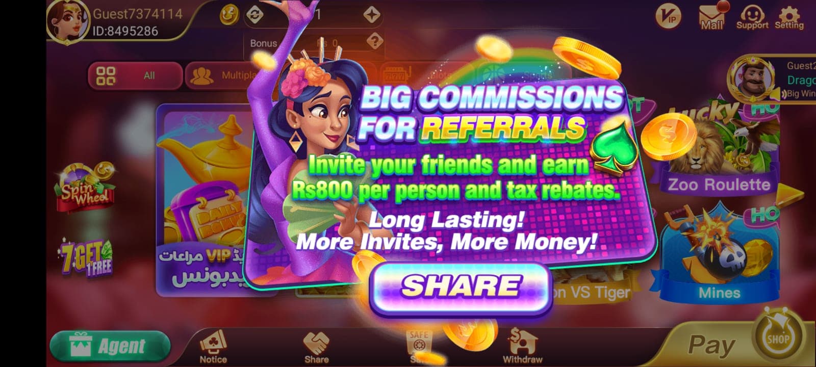geely slots Game referral program dashboard showing invite friends and earn cash rewards
